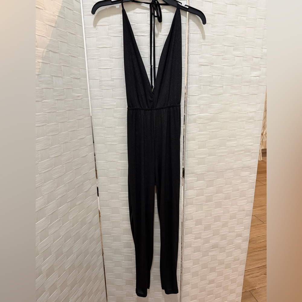 Black with Silver Glitter Backless Jumpsuit